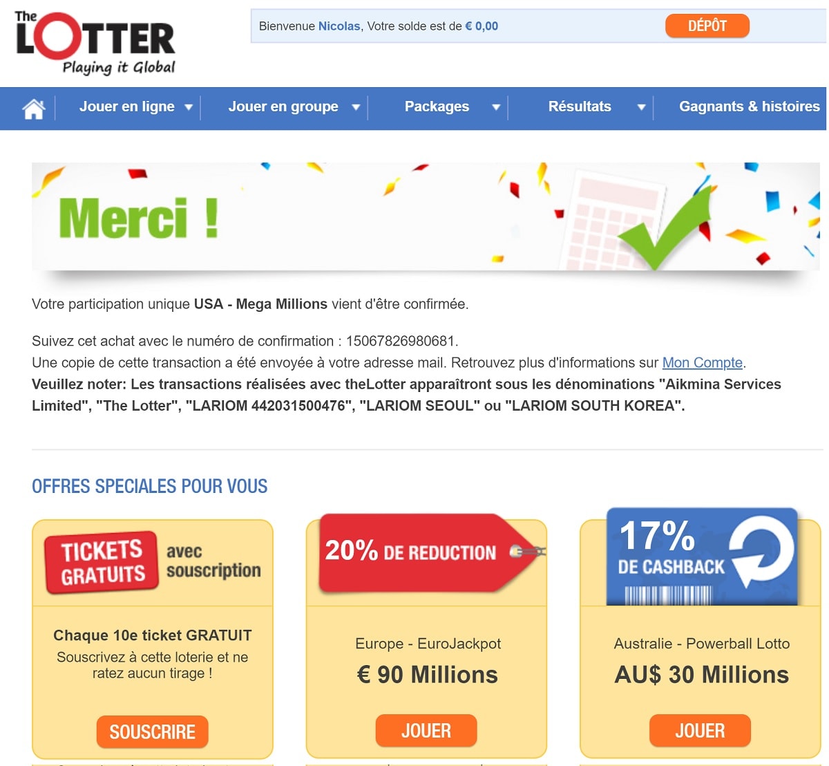 confirmation de votre achat de grilles Mega Millions