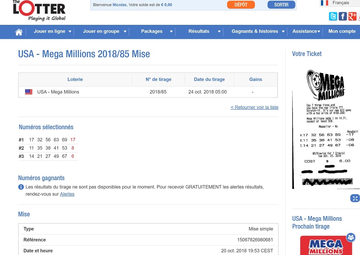 Récapitulatif des grilles jouées sur The Lotter pour Mega Millions