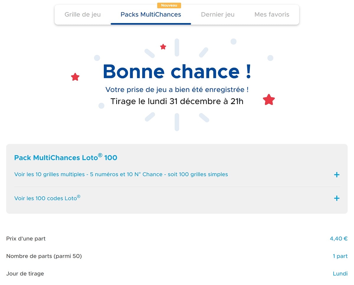 Validation d'un groupement de 100 grilles pour le Loto du Nouvel An