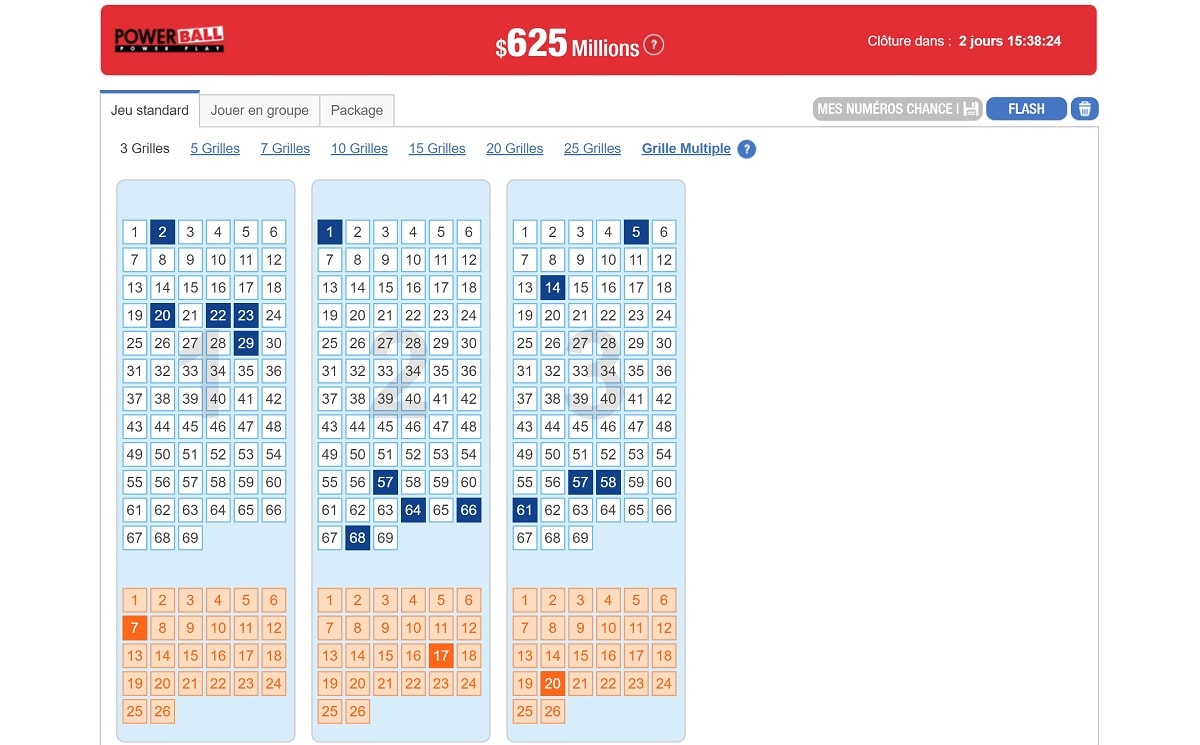 sélection des numéros pour vos grilles Powerball