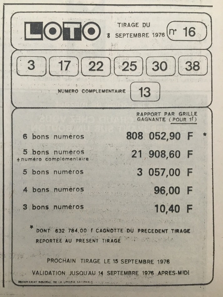 Numéros gagnants Loto du 8 septembre 1976.