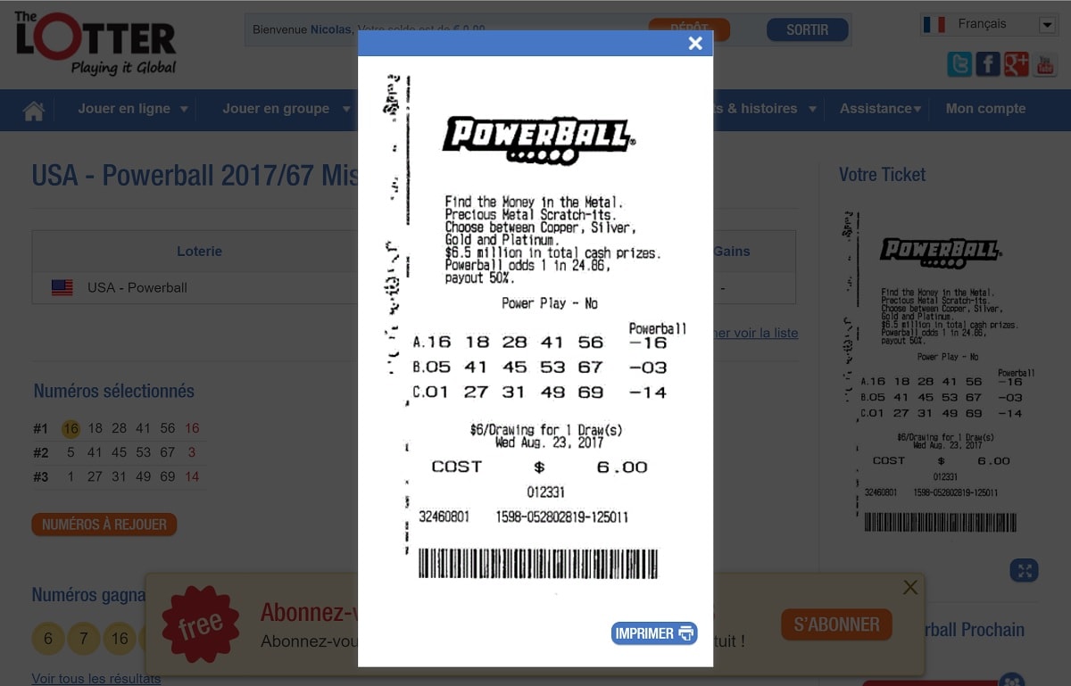 Ticket Powerball acheté par The Lotter