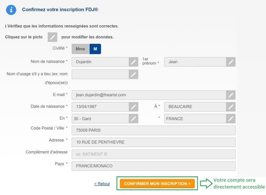 Inscription sur FDJ.fr étape N°4 : récapitulatif