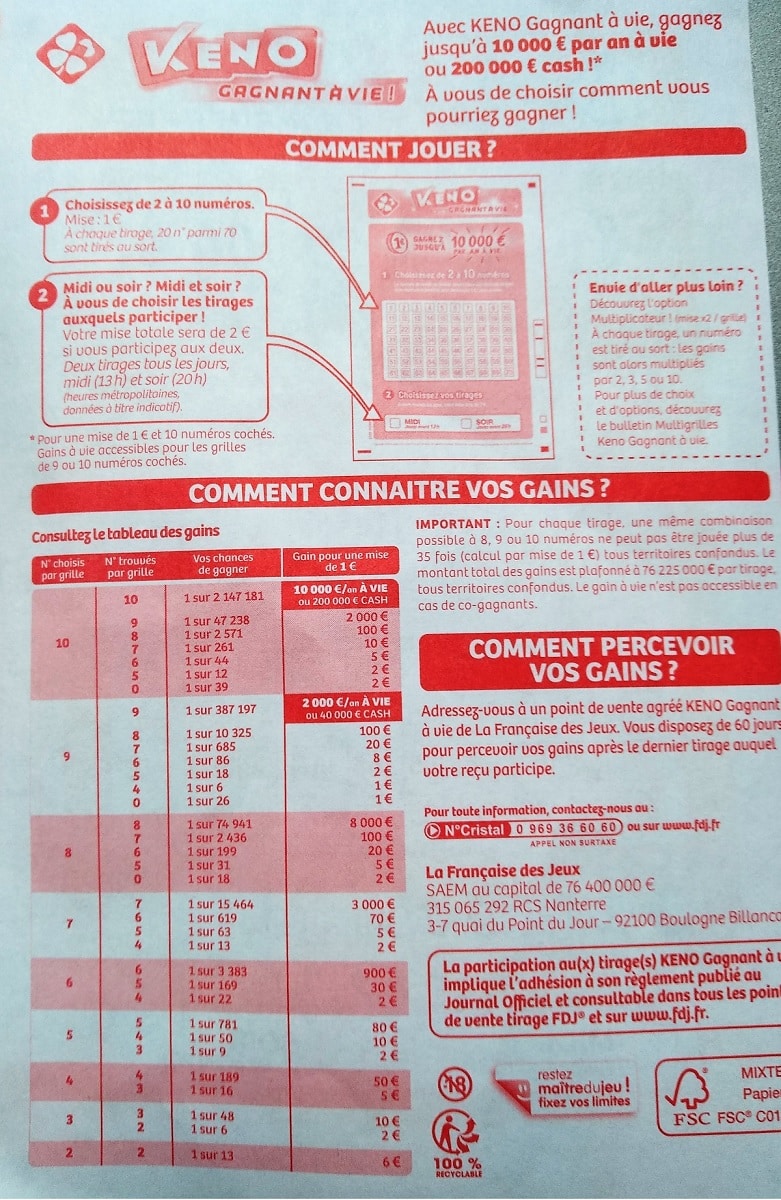 verso du nouveau bulletin Keno Gagnant à Vie 2018 en grille simple