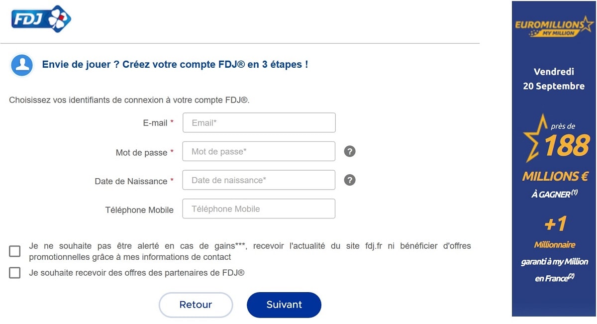 inscription au site FDJ.fr pour jouer à l'Euromillions