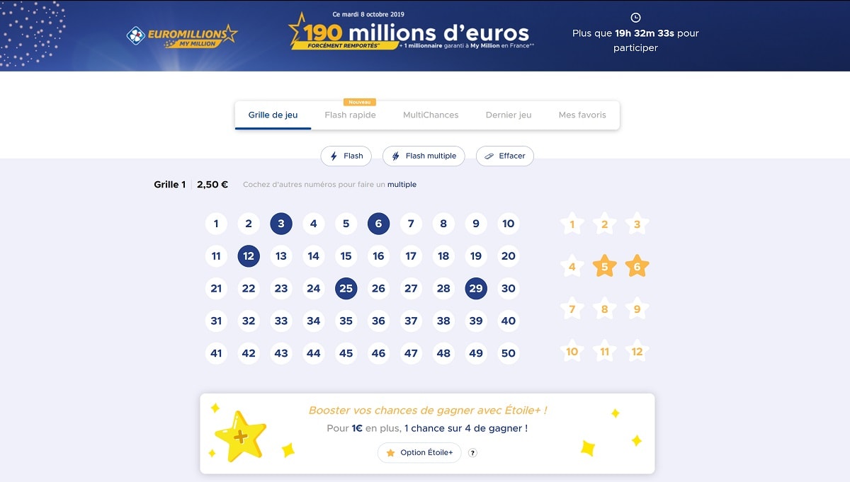 Grille simple Euromillions du mardi 8 octobre 2019