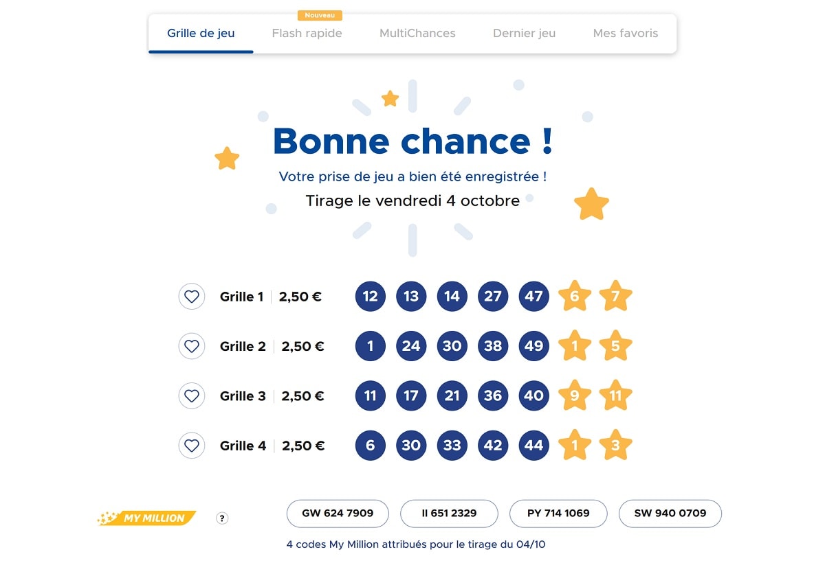 grilles jouées pour ce tirage Euromillions du vendredi 4 octobre 2019