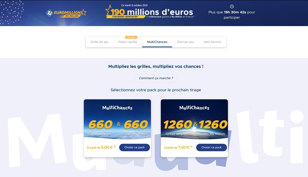 Pack Multichances Euromillions ce mardi 8 octobre 2019