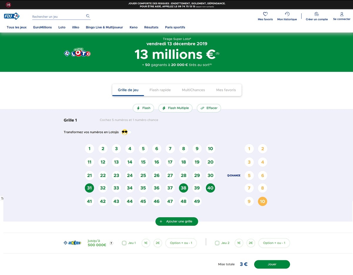 Jouer une grille Super Loto du vendredi 13 décembre 2019