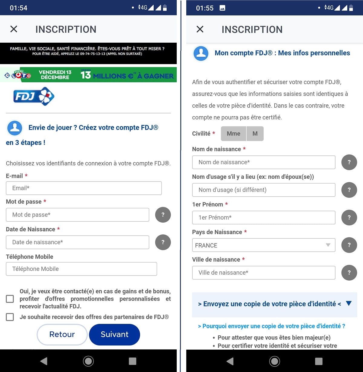 ouverture de compte FDJ.fr sur mobile