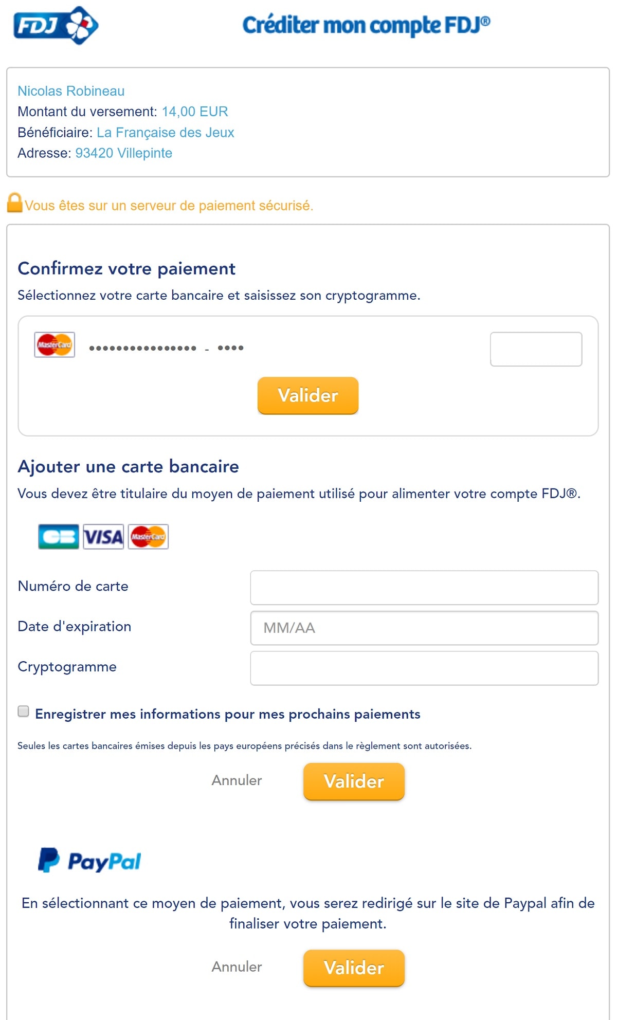 Créditer votre compte FDJ.fr par carte bancaire étape n°2<