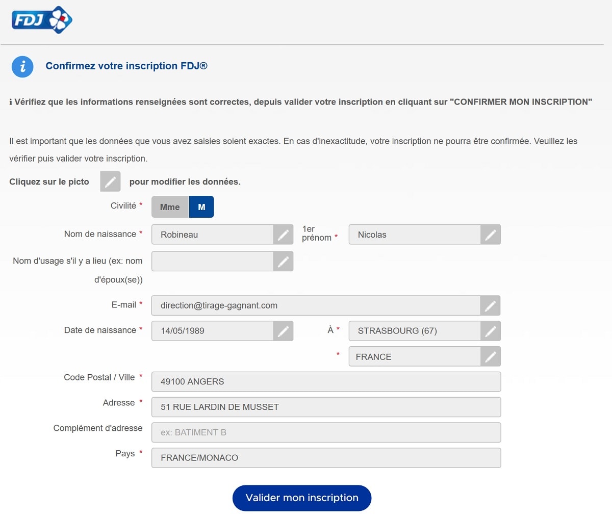 formulaire d'inscription FDJ.fr étape n°5
