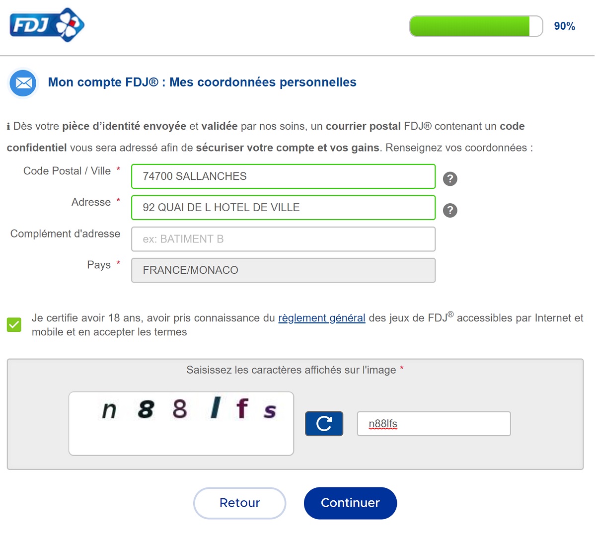 Inscription FDJ.fr, rentrez vos coordonnées postaux