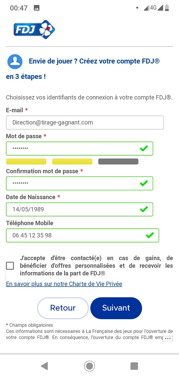 Formulaire d'inscription FDJ.fr sur mobile : étape n°1