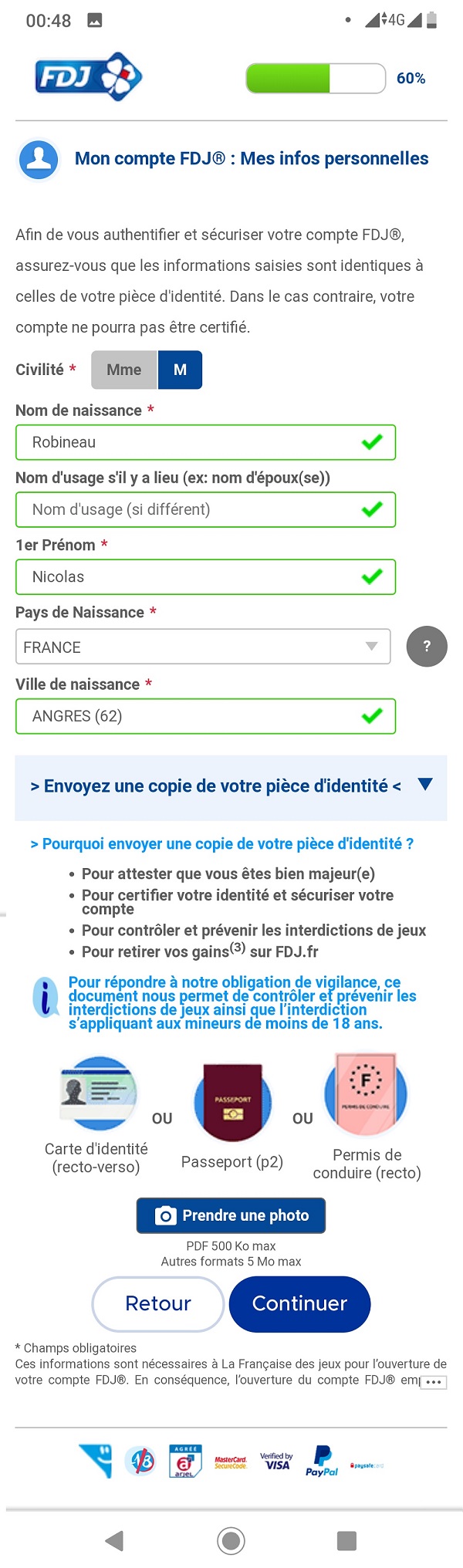 Formulaire d'inscription FDJ.fr sur mobile : étape n°2