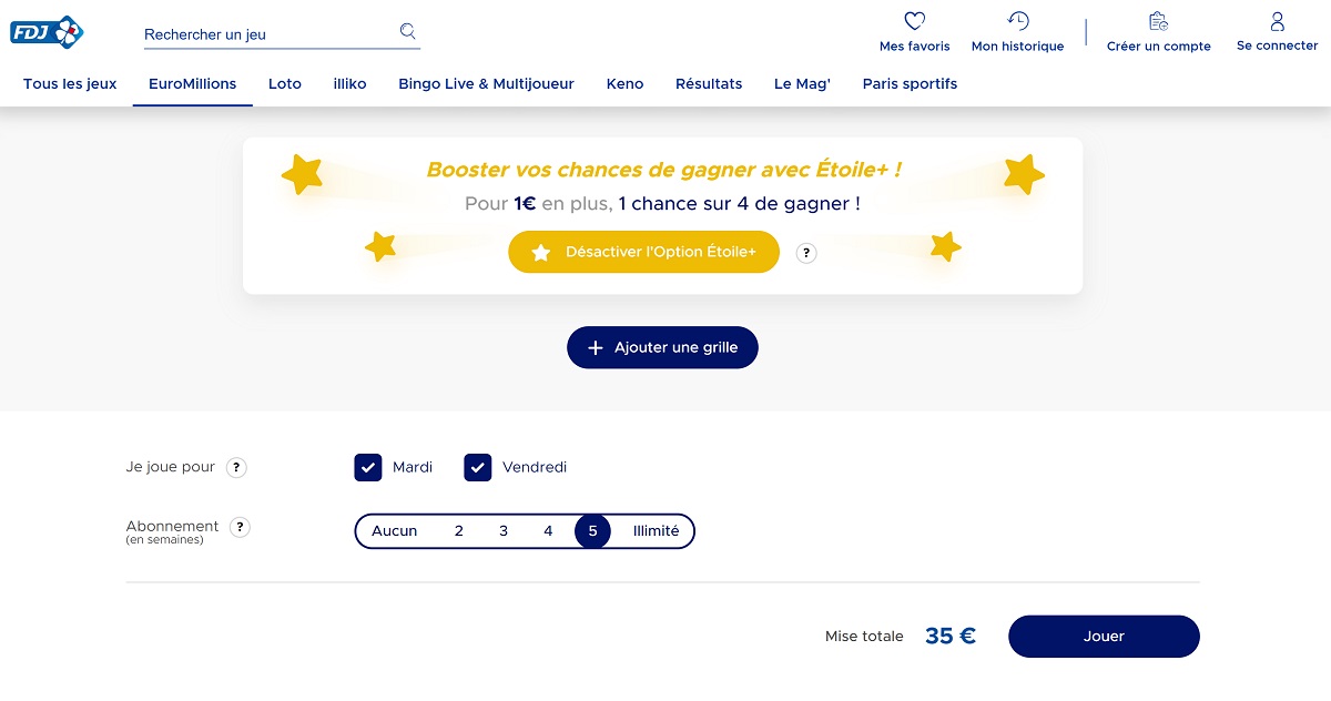 Abonnement Euromillions avec l'option Etoile+