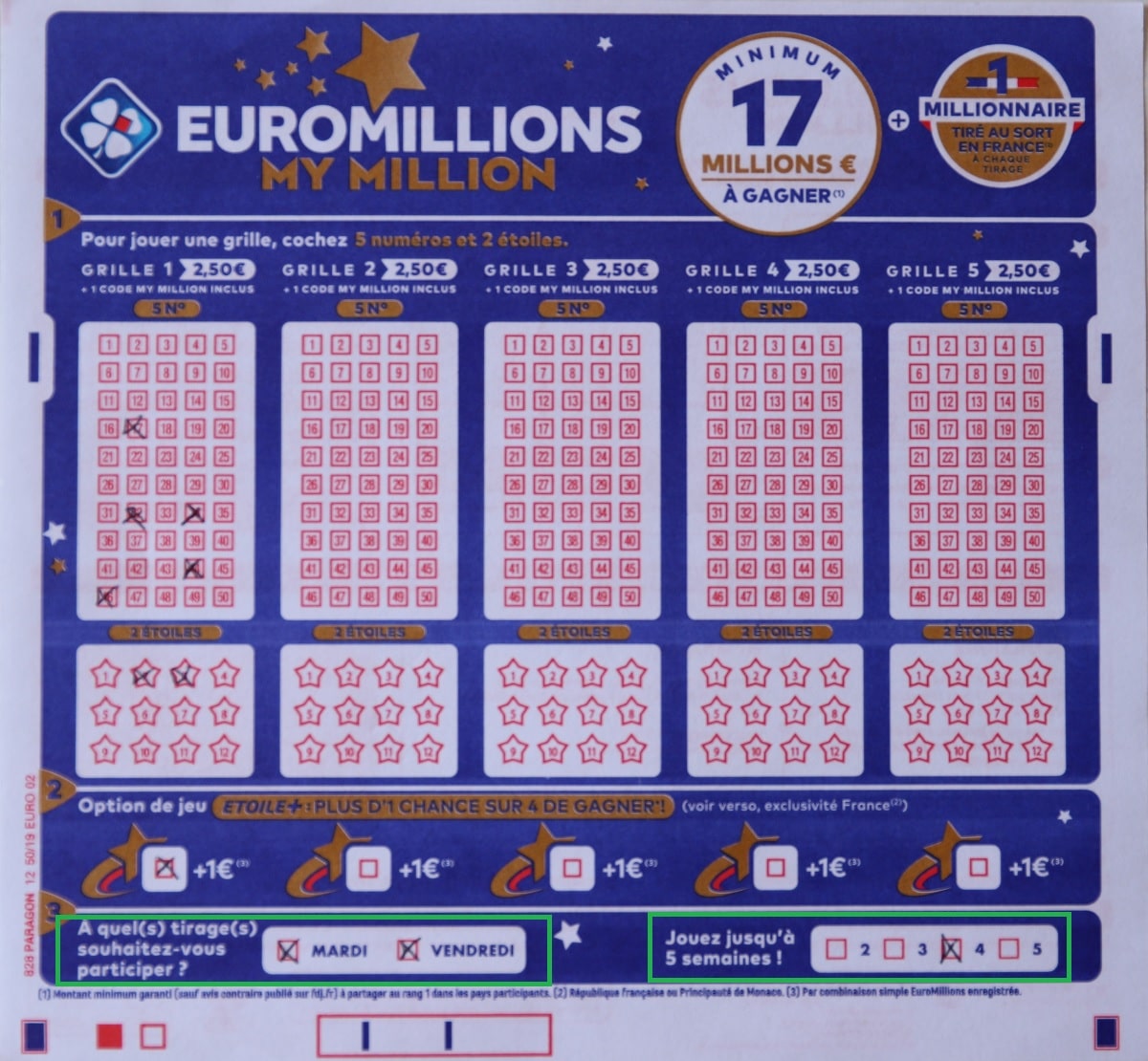 Abonnement Euromillions FDJ : le feuillet rempli