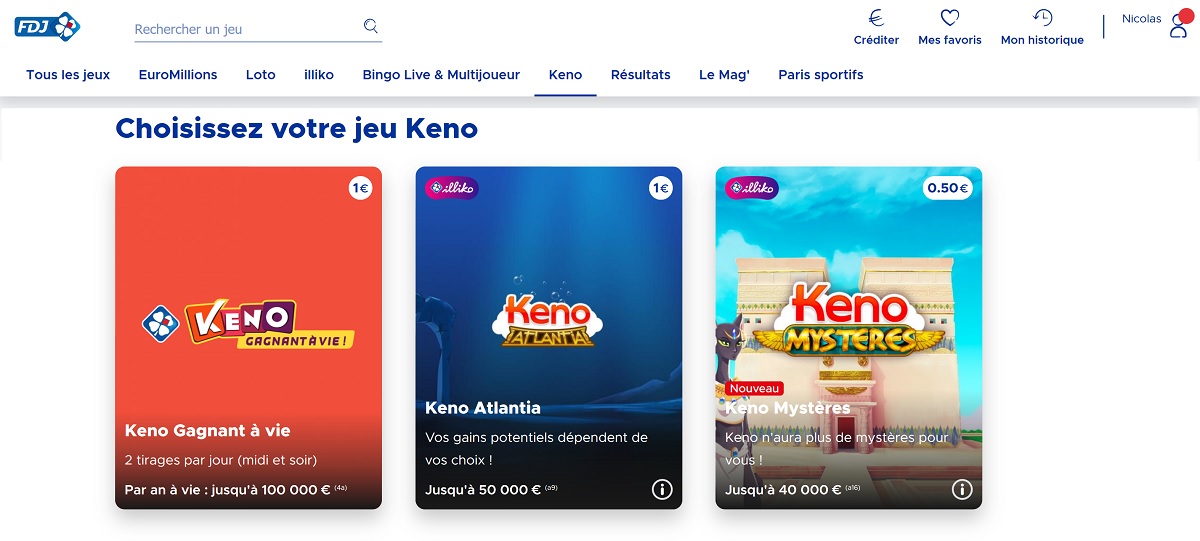 Différents types de jeu de Keno sur FDJ.fr