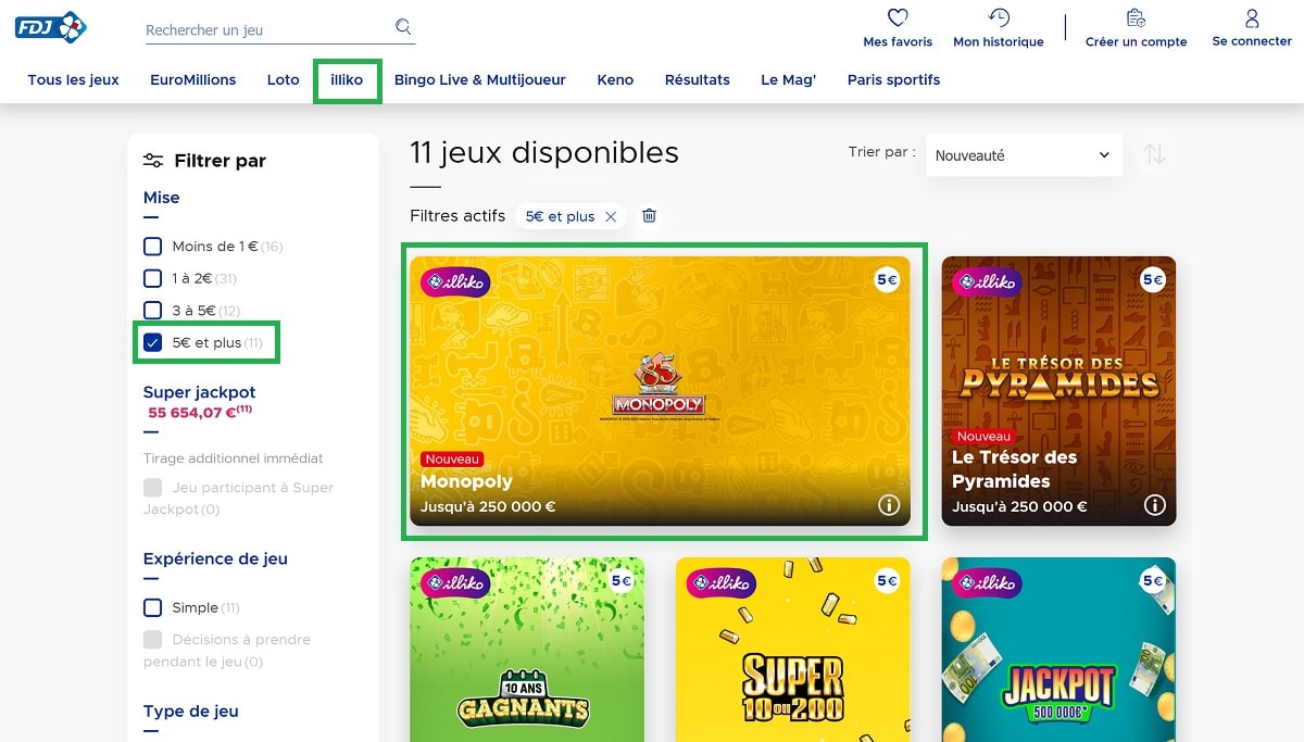 Trouver le jeu Monopoly sur le site de la FDJ.fr