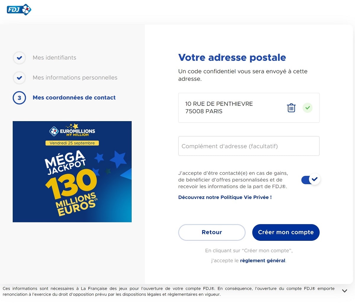Ouvrir un compte FDJ : adresse postale