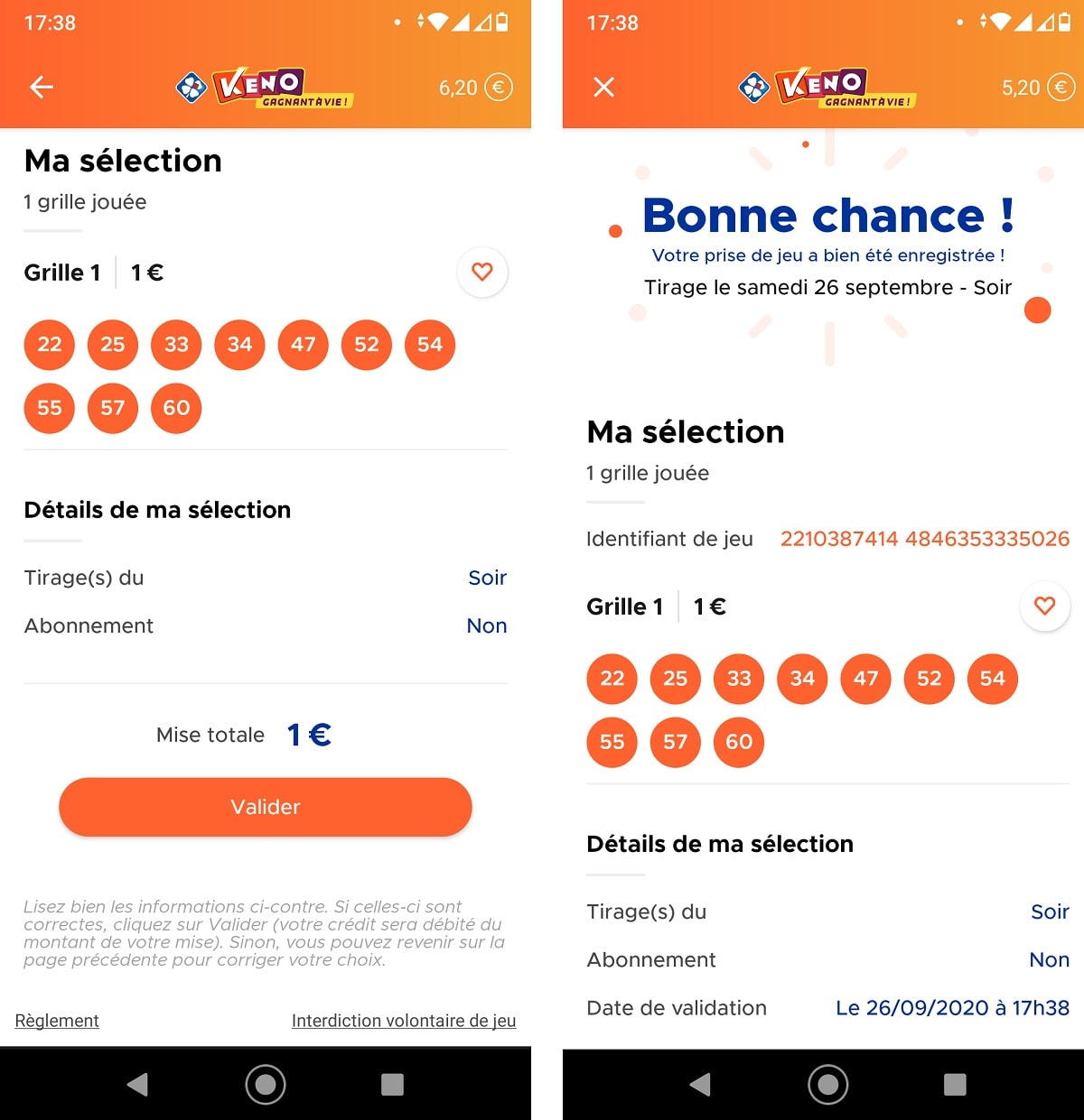 validation d'une grille Keno sur l'application FDJ