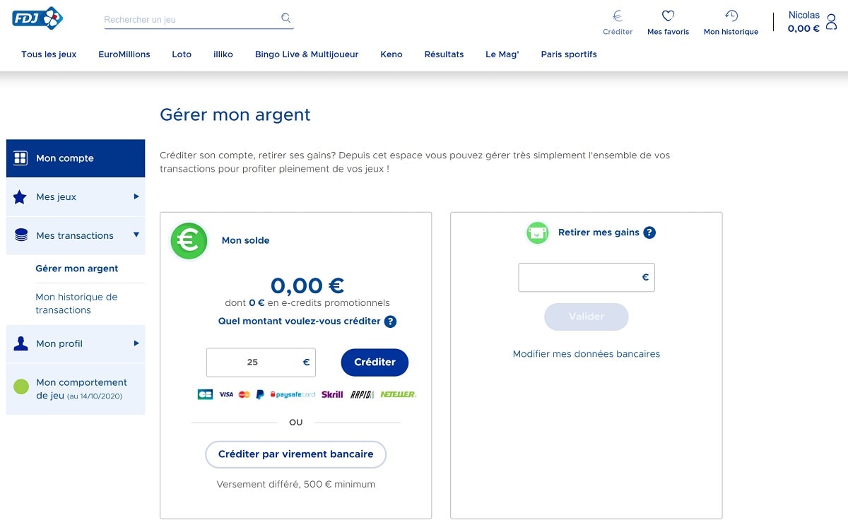 Créditer votre compte FDJ.fr en ligne