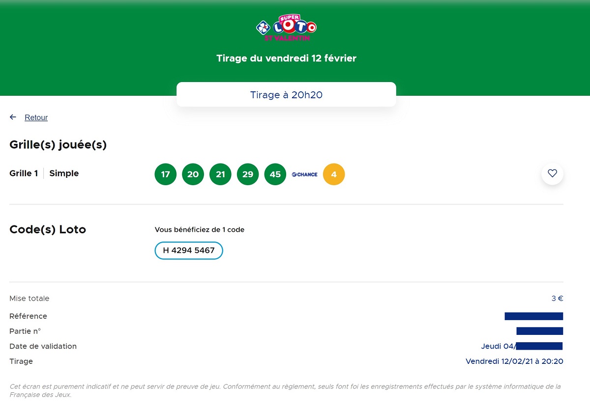 Une grille jouée et validée en ligne sur le site FDJ.fr pour le Super loto de la Saint-Valentin