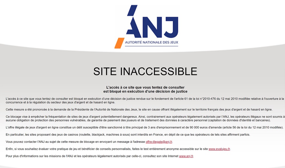 Page bloquée d'un site ANJ