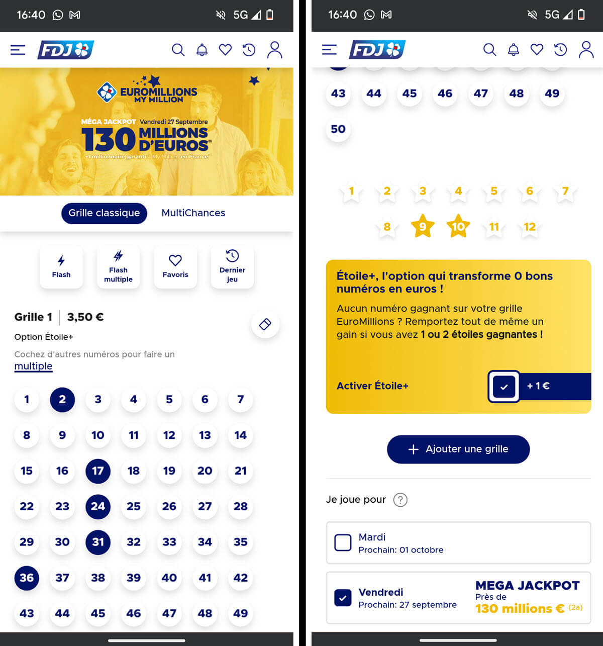 Jouer une grille EuroMillions avec l'option Etoile Plus sur mobile