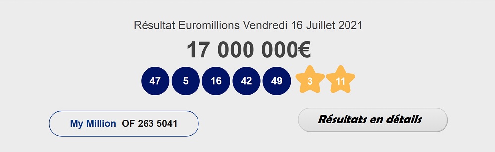 Résultat des tirages Euromillions du 16 juillet 2021 en détails