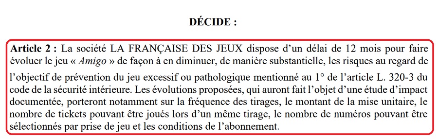 décision de l'ANJ sur les modifications apportés au jeu Amigo