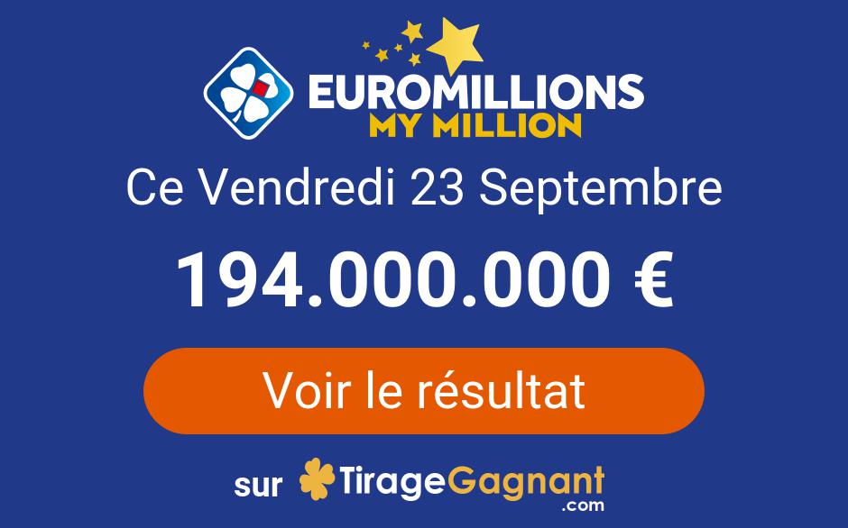 Résultat Euromillions ce vendredi 23 septembre 2022 : 1 million d'euros remporté sur internet ce soir à My Million - Tirage Gagnant