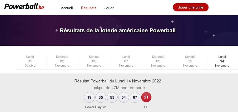 Exemple de résultats Powerball américain sur Powerball.be