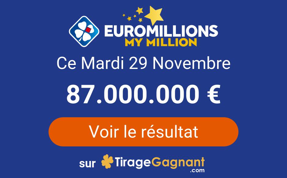 Résultat EuroMillions My Million du mardi 29 novembre 2022 : Consultez gratuitement vos gains
