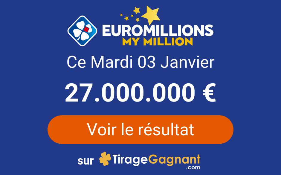 Le résultat Euromillions My Million FDJ Ce mardi 3 janvier 2023 (FDJ) : Retraits en ligne
