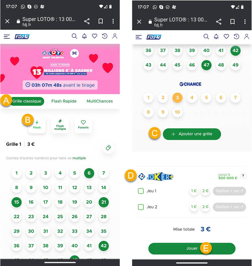 jouer une grille Super Loto de la Saint-Valentin sur mobile