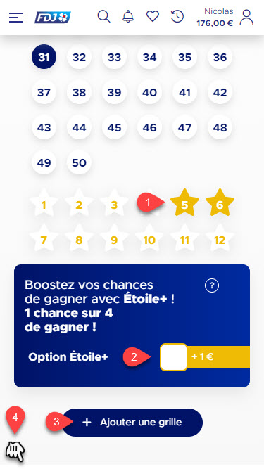 Swippez jusqu'aux options de jeux Euromillions. Vous pourrez valider une option Etoile Plus pour 1€ de plus.