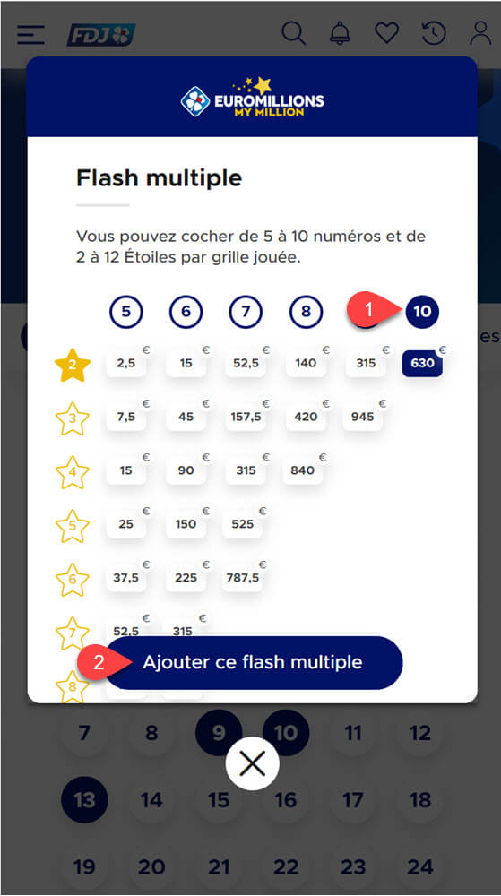 Multiple Euromillions grid: tick up to 10 numbers