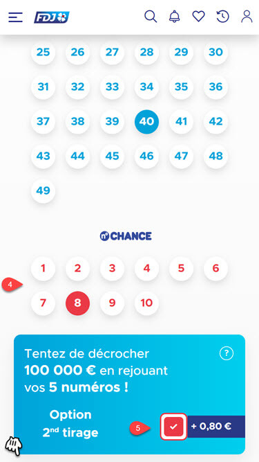Complétez votre grille par le choix d'un numéro Chance parmi les 10 disponibles puis l'ajout de l'option 2nd tirage (non obligatoire)