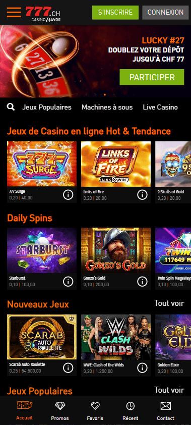 La page d'accueil du site de casino 777.ch
