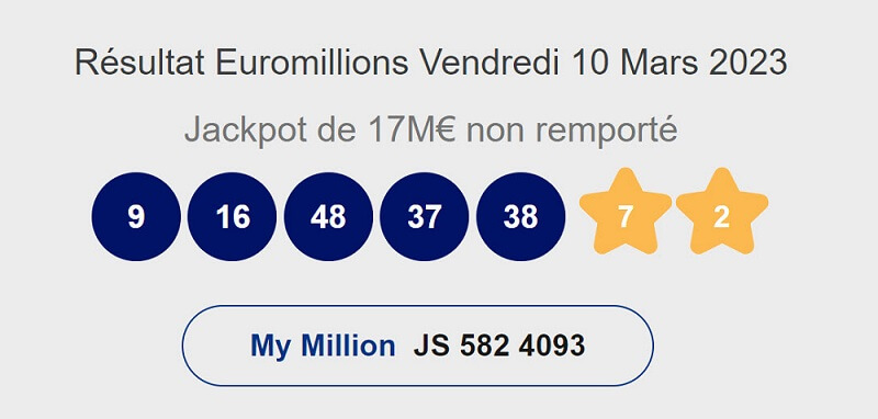 Les résultats complet My Million et Euromillions de ce tirage du 10 mars 2023.