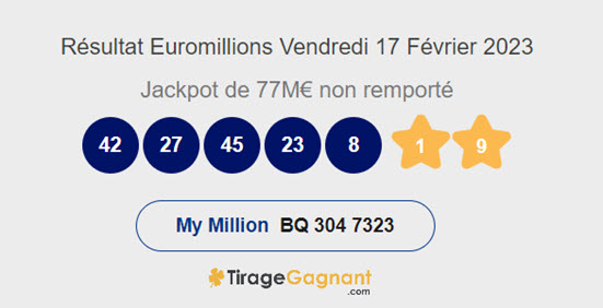 Les numéros gagnants de l'Euromillions et le code My Million de ce tirage du vendredi 17 février 2023