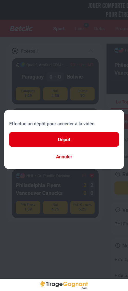 Si vous n'avez pas fait de dépôt sur votre compte Betclic, vous n'aurez pas accès au live