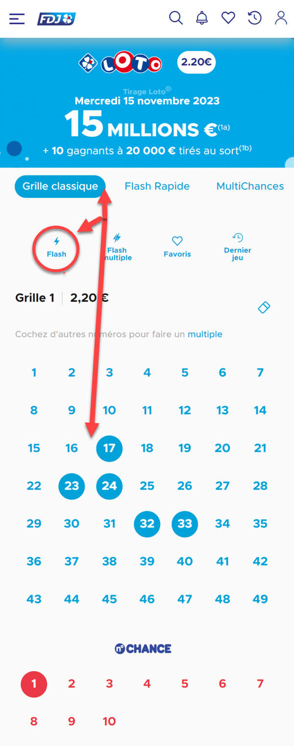 Une grille Loto jouée pour le tirage du mercredi 15 novembre 2023