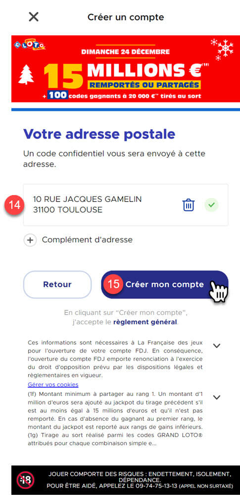 Dernière étape avant de pouvoir jouer une grille pour le Grand Loto, celle d'entrer votre adresse postale.