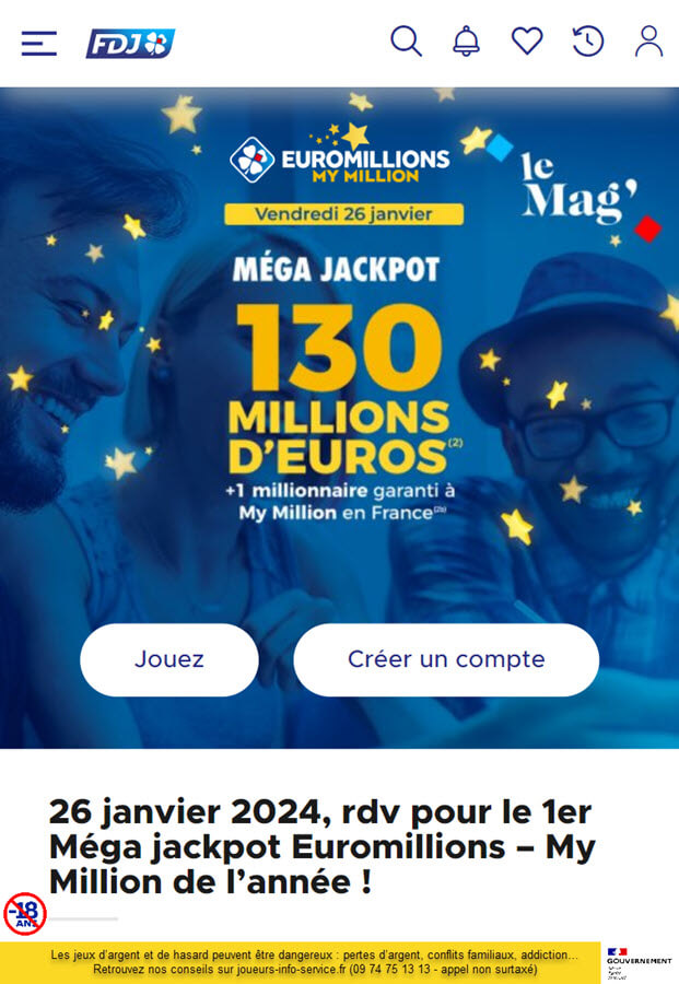 Jouer à EuroMillions ce vendredi 26 janvier 2024