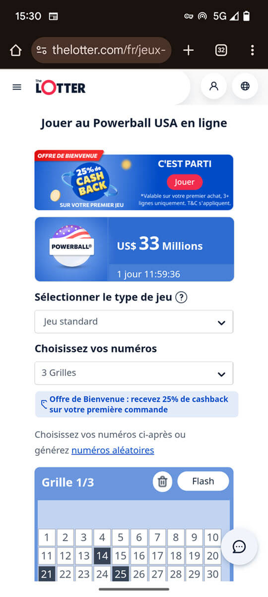 Choisissez votre mode de jeu et le nombre de grilles jouées au Powerball