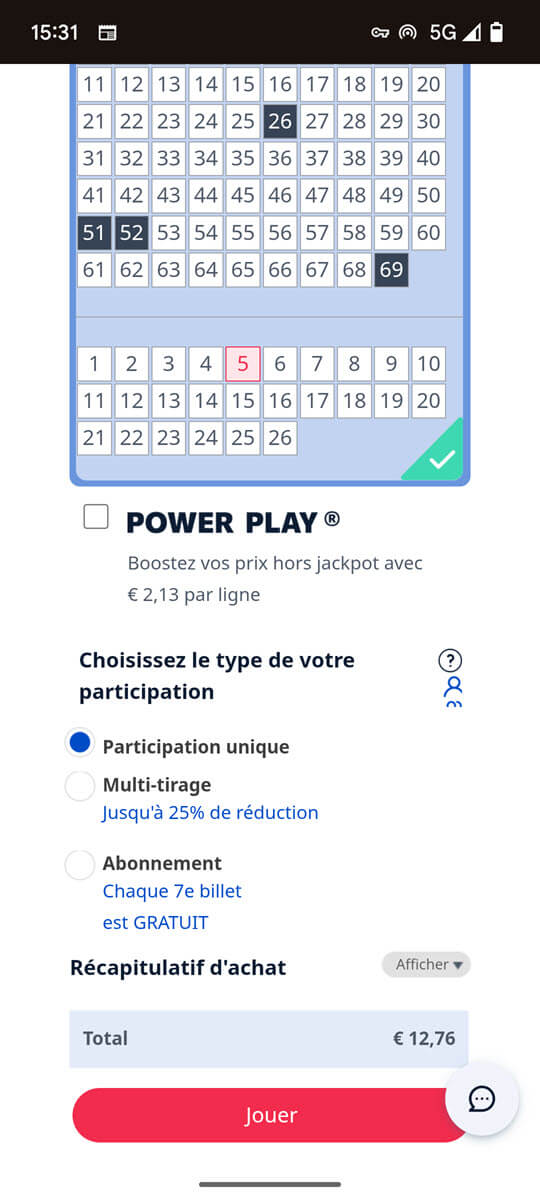 Valider votre prise de jeu Powerball en payant pour environ 13€ vos 3 grilles sur The Lotter.