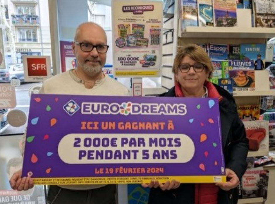 Un joueur lyonnais a remporté 2000€ par mois pendant 5 ans à la loterie EuroDreams le 19 février 2024.