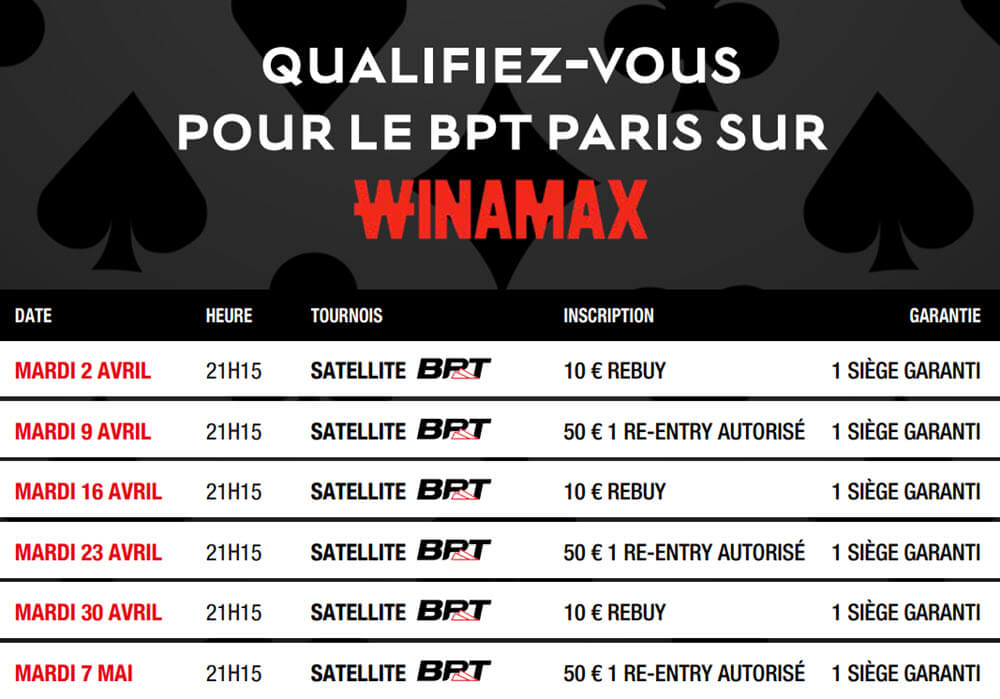 Les tournois de qualifications pour le Main Event du Barrière Poker Tour de Paris sur Winamax.fr